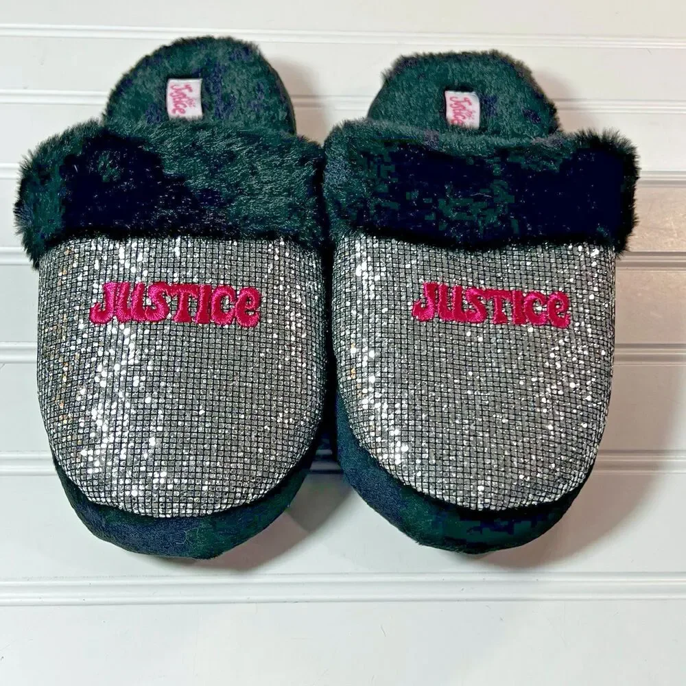 Justice Slip on Silver Sparkle Slippers Black Faux Fur Size 4-5 NWOT